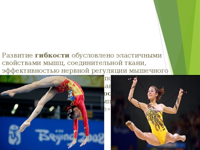       Развитие гибкости обусловлено эластичными свойствами мышц, соединительной ткани, эффективностью нервной регуляции мышечного напряжения, объемом мышц, подвижностью суставов.  Уровень развития гибкости зависит от пола и возраста человека. Для развития гибкости используют упражнения с увеличенной амплитудой движения «упражнения на растягивание» .        