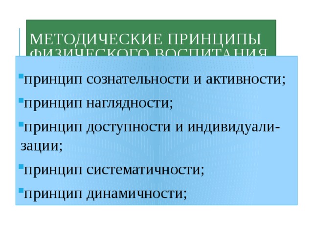 Методические принципы физического воспитания принцип сознательности и активности; принцип наглядности; принцип доступности и индивидуали- зации; принцип систематичности; принцип динамичности; 