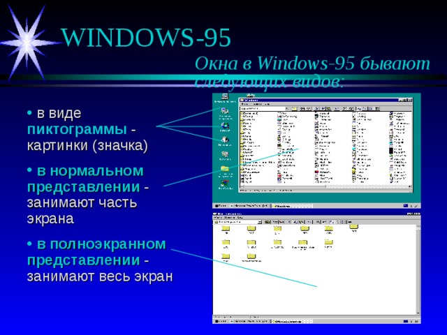 Окна в Windows-95 бывают    следующих видов:  в виде пиктограммы - картинки (значка)  в нормальном представлении - занимают часть экрана  в полноэкранном представлении - занимают весь экран 