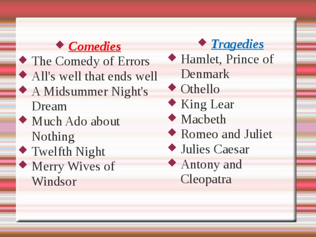 Tragedies Hamlet, Prince of Denmark Othello King Lear Macbeth Romeo and Juliet Julies Caesar Antony and Cleopatra Comedies The Comedy of Errors All's well that ends well A Midsummer Night's Dream Much Ado about Nothing Twelfth Night Merry Wives of Windsor 