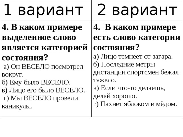 1 вариант 2 вариант 4. В каком примере выделенное слово является категорией состояния?   а) Он ВЕСЕЛО посмотрел вокруг. 4.  В каком примере есть слово категории состояния? а) Лицо темнеет от загара. б) Ему было ВЕСЕЛО. б) Последние метры дистанции спортсмен бежал тяжело. в) Лицо его было ВЕСЕЛО.   г) Мы ВЕСЕЛО провели каникулы. в) Если что-то делаешь, делай хорошо. г) Пахнет яблоком и мёдом. 