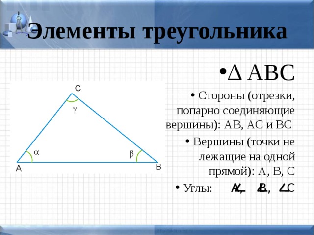 Назовите элементы треугольника. Элементы треугольника. Треугольник и его элементы. Названия элементов треугольника.