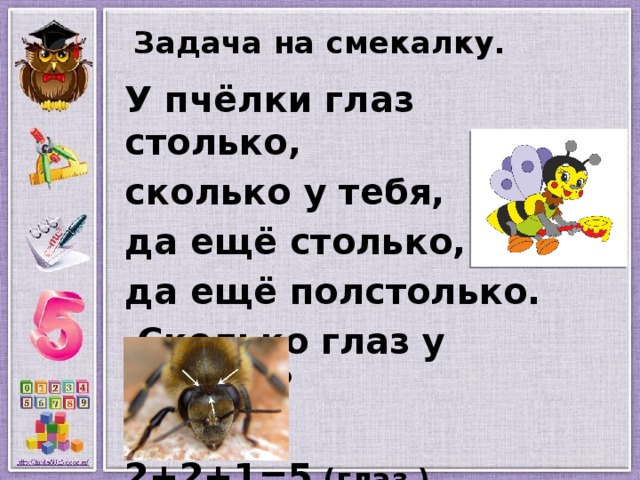 Задача на смекалку.   У пчёлки глаз столько, сколько у тебя, да ещё столько, да ещё полстолько.  Сколько глаз у пчёлки?  2+2+1=5 (глаз )  