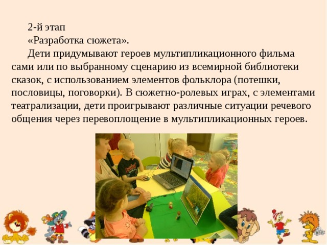 2-й этап «Разработка сюжета». Дети придумывают героев мультипликационного фильма сами или по выбранному сценарию из всемирной библиотеки сказок, с использованием элементов фольклора (потешки, пословицы, поговорки). В сюжетно-ролевых играх, с элементами театрализации, дети проигрывают различные ситуации речевого общения через перевоплощение в мультипликационных героев.