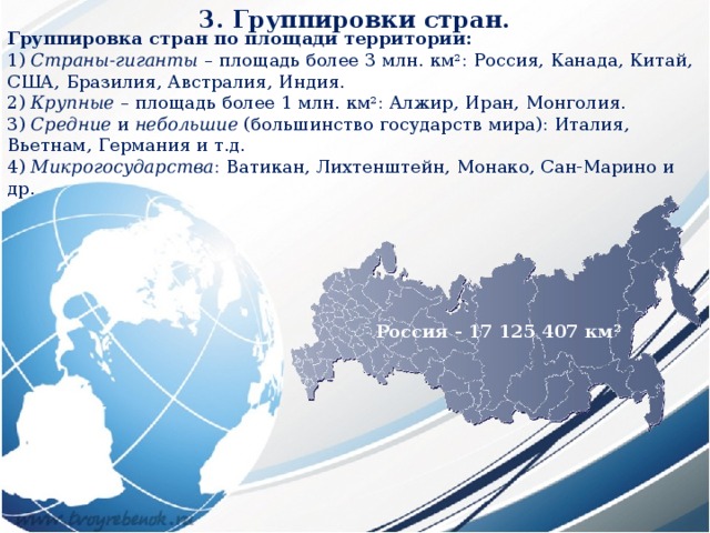 3. Группировки стран. Группировка стран по площади территории: 1) Страны-гиганты – площадь более 3 млн. км 2 : Россия, Канада, Китай, США, Бразилия, Австралия, Индия. 2) Крупные – площадь более 1 млн. км 2 : Алжир, Иран, Монголия. 3) Средние и небольшие (большинство государств мира): Италия, Вьетнам, Германия и т.д. 4) Микрогосударства : Ватикан, Лихтенштейн, Монако, Сан-Марино и др. Россия - 17 125 407 км² 