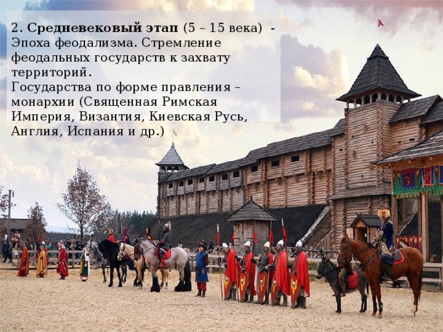 2. Средневековый этап (5 – 15 века) - Эпоха феодализма. Стремление феодальных государств к захвату территорий. Государства по форме правления – монархии (Священная Римская Империя, Византия, Киевская Русь, Англия, Испания и др.) 