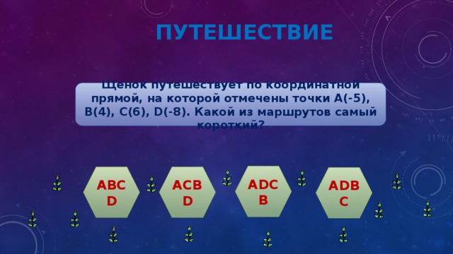 путешествие Щенок путешествует по координатной прямой, на которой отмечены точки A(-5), B(4), C(6), D(-8). Какой из маршрутов самый короткий? ADCB ABCD ACBD ADBC 