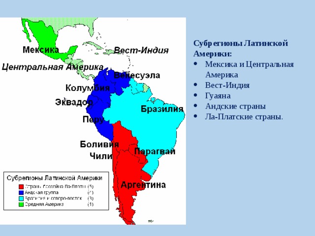 Субрегионы Латинской Америки: Мексика и Центральная Америка Вест-Индия Гуаяна Андские страны Ла-Платские страны. 