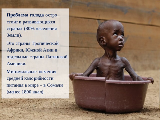 Проблема голода остро стоит в развивающихся странах (80% населения Земли). Это страны Тропической Африки, Южной Азии и отдельные страны Латинской Америки. Минимальные значения средней калорийности питания в мире – в Сомали (менее 1800 ккал). 