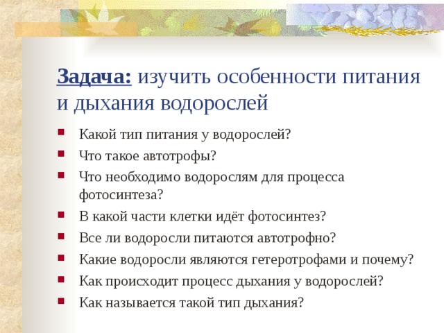 Задача: изучить особенности питания и дыхания водорослей Какой тип питания у водорослей? Что такое автотрофы? Что необходимо водорослям для процесса фотосинтеза? В какой части клетки идёт фотосинтез? Все ли водоросли питаются автотрофно? Какие водоросли являются гетеротрофами и почему? Как происходит процесс дыхания у водорослей? Как называется такой тип дыхания? 