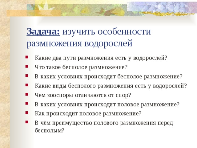 Задача: изучить особенности размножения водорослей Какие два пути размножения есть у водорослей? Что такое бесполое размножение? В каких условиях происходит бесполое размножение? Какие виды бесполого размножения есть у водорослей? Чем зооспоры отличаются от спор? В каких условиях происходит половое размножение? Как происходит половое размножение? В чём преимущество полового размножения перед бесполым? 