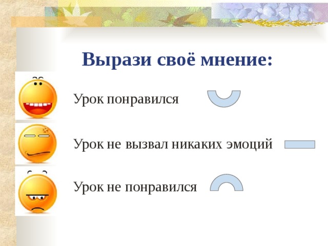 Вырази своё мнение:  Урок понравился  Урок не вызвал никаких эмоций   Урок не понравился  