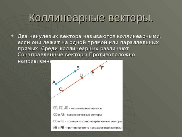 Ненулевые векторы лежащие на одной прямой называются. Вектор параллельный прямой. Противоположно направленные векторы. Коллинеарные векторы. Любые два противоположно направленных вектора коллинеарны.