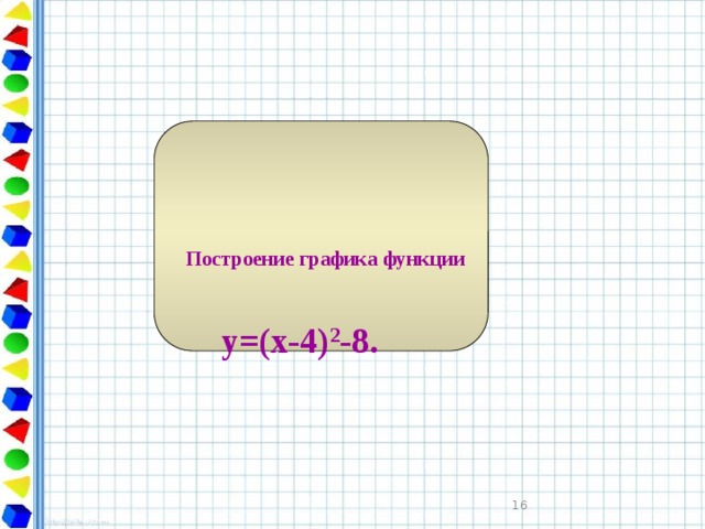      Построение графика функции  y=(x-4) 2 -8.    16 
