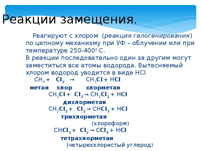 Метан взаимодействует с водородом. Реакция замещения с хлором. Хлор вступает в реакцию с.