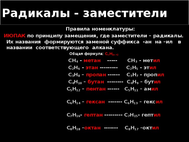 Радикалы - заместители  Правила номенклатуры:  ИЮПАК по принципу замещения, где заместители – радикалы. Их названия формируются заменой суффикса -ан на –ил в названии соответствующего алкана. Общая формула: С n Н 2n +2   CH 4 - метан ----- CH 3 - мет ил  C 2 H 6 - этан --------- C 2 H 5 - эт ил   C 3 H 8 – пропан ------ C 3 H 7 - проп ил  C 4 H 10 – бутан -------- C 4 H 9 – бут ил   C 5 H 12 – пентан ------ C 5 H 11 – ам ил   C 6 H 14 – гексан ------- C 6 H 13 – гекс ил   C 7 H 16 - гептан --------- C 7 H 15 - гепт ил   C 8 H 18 – октан ------- C 8 H 17 –окт ил   