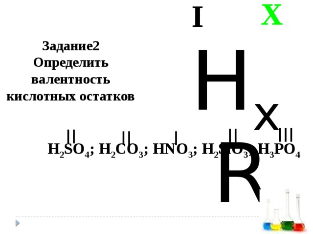 I X Задание2  Определить валентность кислотных остатков H x R III II II I II H 2 SO 4 ; H 2 CO 3 ; HNO 3 ; H 2 SiO 3 ; H 3 PO 4 