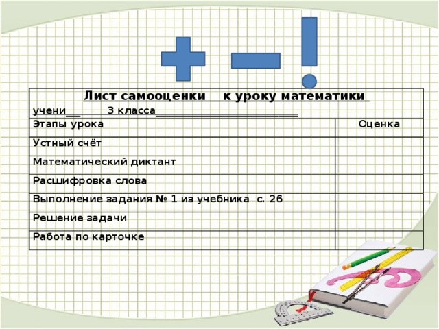 Лист самооценки к уроку математики Этапы урока учени___ 3 класса_____________________________ Оценка Устный счёт   Математический диктант Расшифровка слова   Выполнение задания № 1 из учебника с. 26   Решение задачи Работа по карточке     