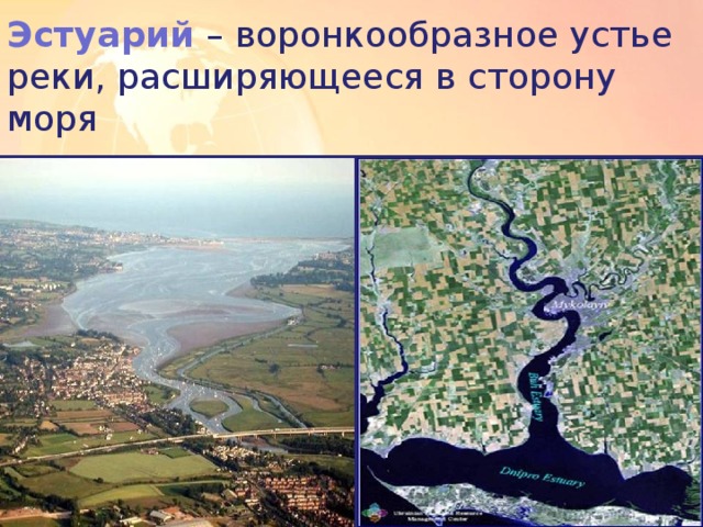 Эстуарий  – воронкообразное устье реки, расширяющееся в сторону моря  