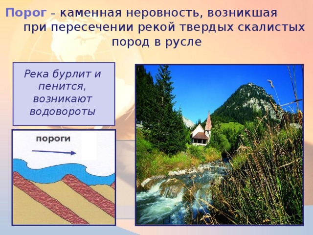 Порог  – каменная неровность, возникшая при пересечении рекой твердых скалистых пород в русле Река бурлит и пенится, возникают водовороты  