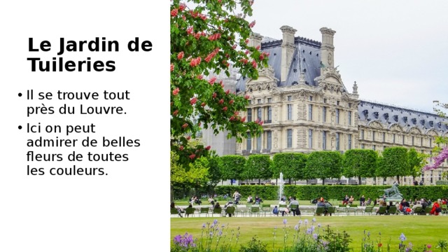 Le Jardin de Tuileries Il se trouve tout près du Louvre. Ici on peut admirer de belles fleurs de toutes les couleurs. 