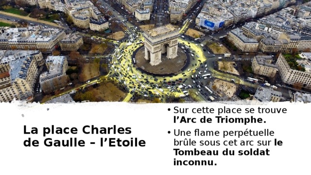 La place Charles de Gaulle – l’Etoile Sur cette place se trouve l’Arc de Triomphe. Une flame perpétuelle brûle sous cet arc sur le Tombeau du soldat inconnu. 