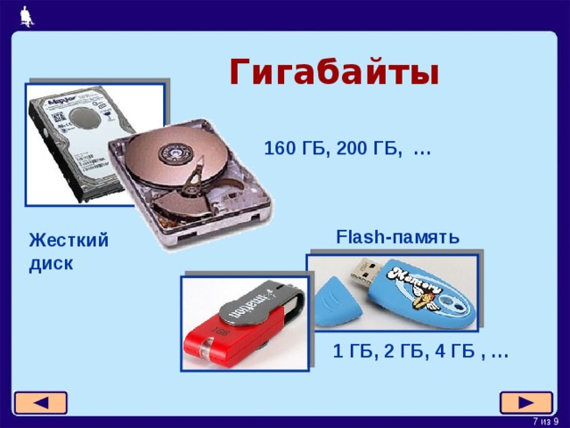 Гигабайты 160 ГБ, 200 ГБ, …                                                                                                        Flash- память Жесткий диск 1 ГБ, 2 ГБ, 4 ГБ , … 
