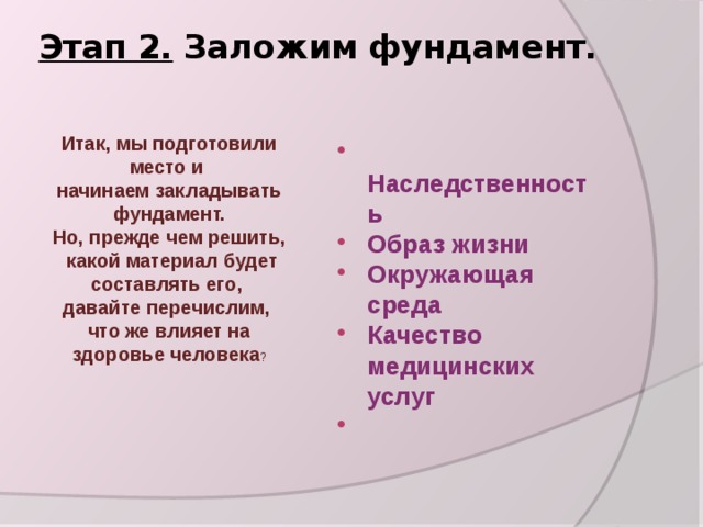 Этап 2.  Заложим фундамент.   Итак, мы подготовили место и начинаем закладывать  фундамент. Но, прежде чем решить,  какой материал будет составлять его, давайте перечислим, что же влияет на здоровье человека ?  Наследственность Образ жизни Окружающая среда Качество медицинских услуг   