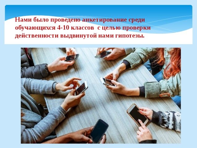 Нами было проведено анкетирование среди обучающихся 4-10 классов с целью проверки действенности выдвинутой нами гипотезы.  