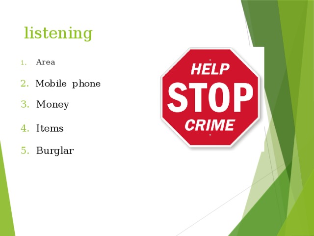 listening Area Mobile phone Money Items Burglar 