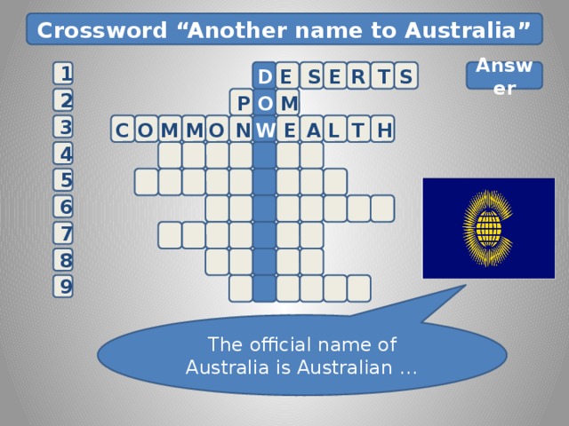 Crossword “Another name to Australia” E E       Answer R T S 1 D  S   P   M 2 O N O W A C O M E L T 3 H  M 4  5  6 7 8 E 9 The official name of Australia is Australian … 4 
