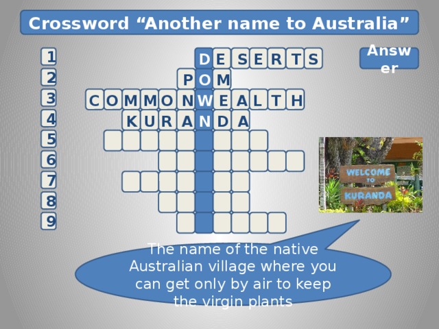 Crossword “Another name to Australia”  S T R E S E   D    Answer 1    P O M   2 M O N M E A L T O 3 C W H  R  4 N U D A K A 5  6 7 8 9 The name of the native Australian village where you can get only by air to keep the virgin plants 5 