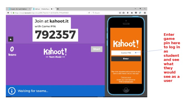 Enter game pin here to log in as student and see what they would see as a user 