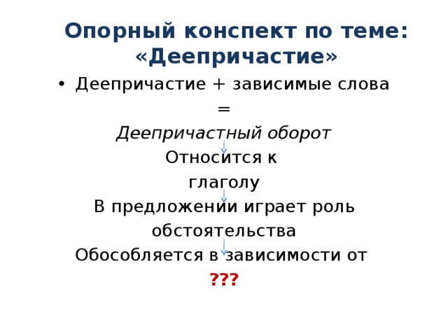 Зависимое деепричастие. Опорный конспект по теме деепричастие. Конспект по теме деепричастие. Опорный конспект деепричастие деепричастный оборот. Опорный конспект по теме деепричастие 7 класс.