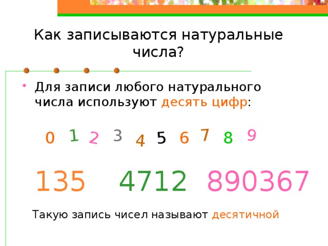 2 1 4 5 7 9 Как записываются натуральные числа? Для записи любого натурального числа используют десять цифр : 3 0 6 8 135 4712 890367 Такую запись чисел называют десятичной 