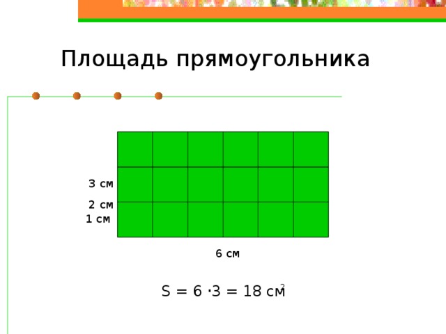 Площадь прямоугольника 3 см 2 см 1 см 6 см . S = 6 3 = 18 см 2 