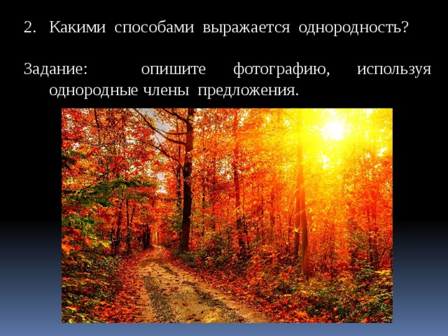 Какими способами выражается однородность? Задание: опишите фотографию, используя однородные члены предложения.  