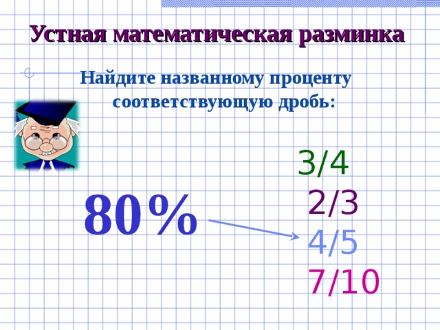 Устная математическая разминка  Найдите названному проценту соответствующую дробь: 80% 3/4  2/3   4/5   7/10  