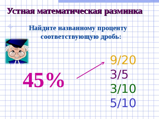 Устная математическая разминка Найдите названному проценту соответствующую дробь: 45%  9/20  3/5   3/10   5/10 