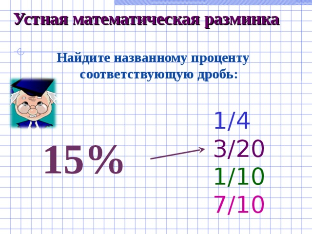 Устная математическая разминка Найдите названному проценту соответствующую дробь: 15%  1/4  3/20   1/10  7/10  
