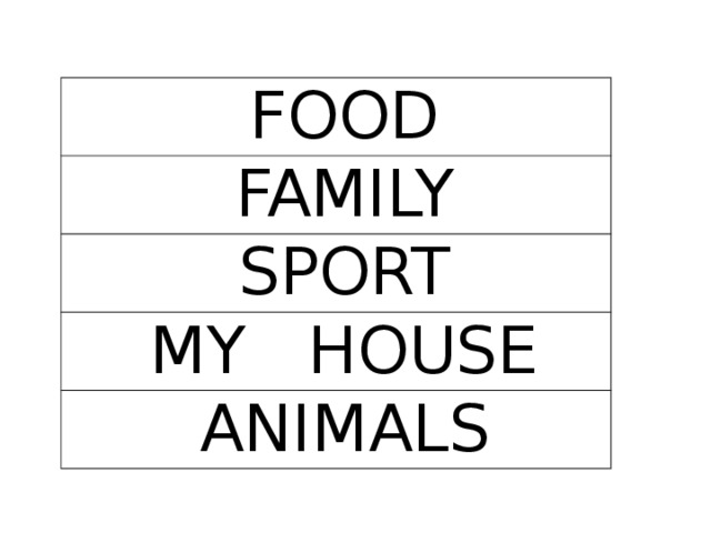 FOOD FAMILY SPORT MY HOUSE ANIMALS 