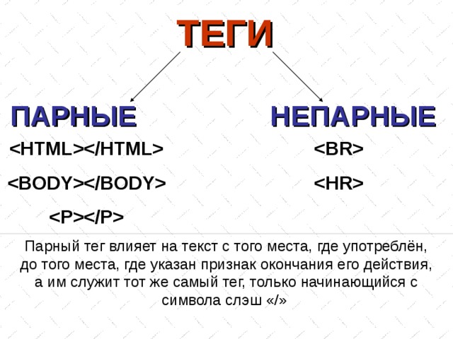 ТЕГИ НЕПАРНЫЕ ПАРНЫЕ      Парный тег влияет на текст с того места, где употреблён, до того места, где указан признак окончания его действия, а им служит тот же самый тег, только начинающийся с символа слэш «/» 