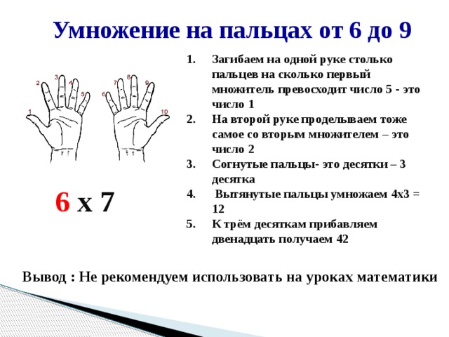Умножение на пальцах от 6 до 9 Загибаем на одной руке столько пальцев на сколько первый множитель превосходит число 5 - это число 1 На второй руке проделываем тоже самое со вторым множителем – это число 2 Согнутые пальцы- это десятки – 3 десятка  Вытянутые пальцы умножаем 4х3 = 12 К трём десяткам прибавляем двенадцать получаем 42   6 х 7 Вывод : Не рекомендуем использовать на уроках математики 