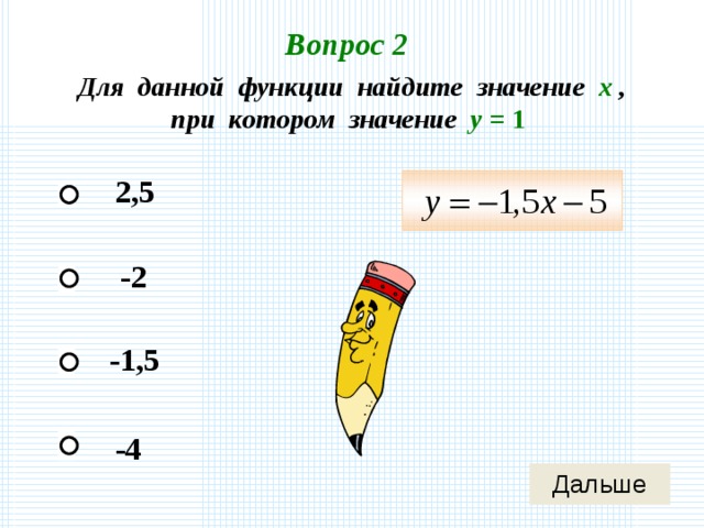 Вопрос 2 Для данной функции найдите значение х , при котором значение у = 1 2,5 -2 -1,5 -4 