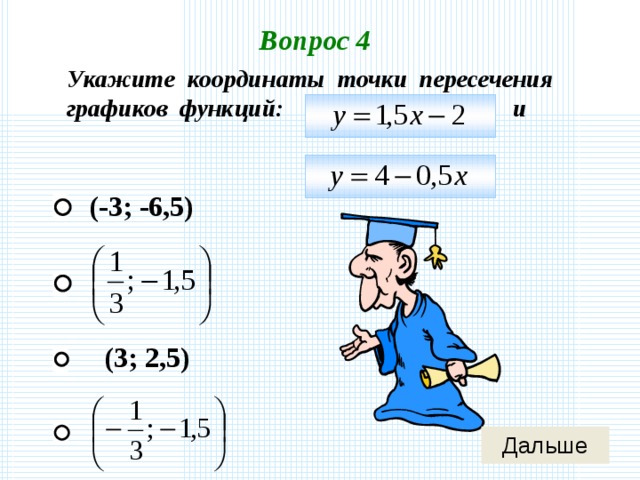 Вопрос 4 Укажите координаты точки пересечения графиков функций: и (-3; -6,5) (3; 2,5) 