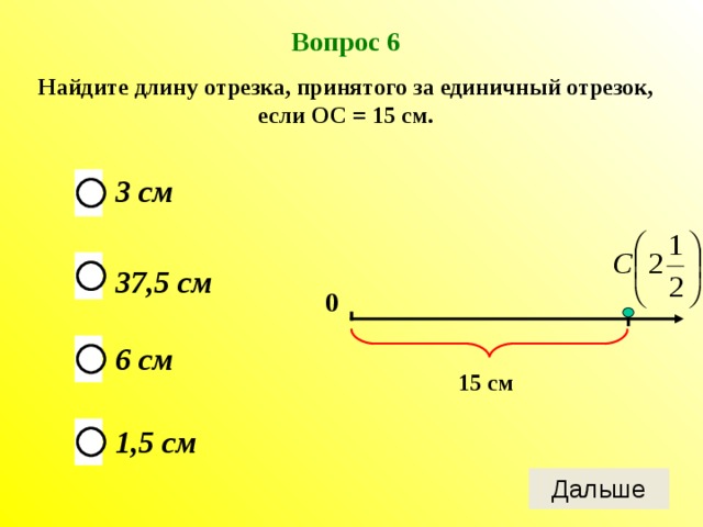 Вопрос 6 Найдите длину отрезка, принятого за единичный отрезок, если ОС = 15 см. 3 см 37,5 см 0 6 см 15 см 1,5 см 