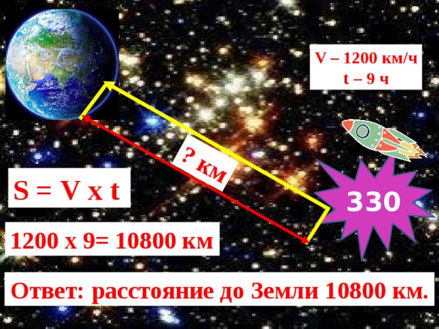 ? км V – 1200 км/ч t – 9 ч 330 S = V х t 1200 х 9= 10800 км Ответ: расстояние до Земли 10800 км. 