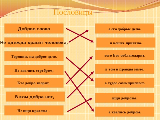 Пословицы а его добрые дела. Доброе слово Не одежда красит человека, и кошке приятно. того Бог отблагодарит. Торопись на доброе дело , в том и правды мало. Не хвались серебром , Кто добро творит, а худое само приспеет. В ком добра нет, ищи доброты. Не ищи красоты - а хвались добром. 