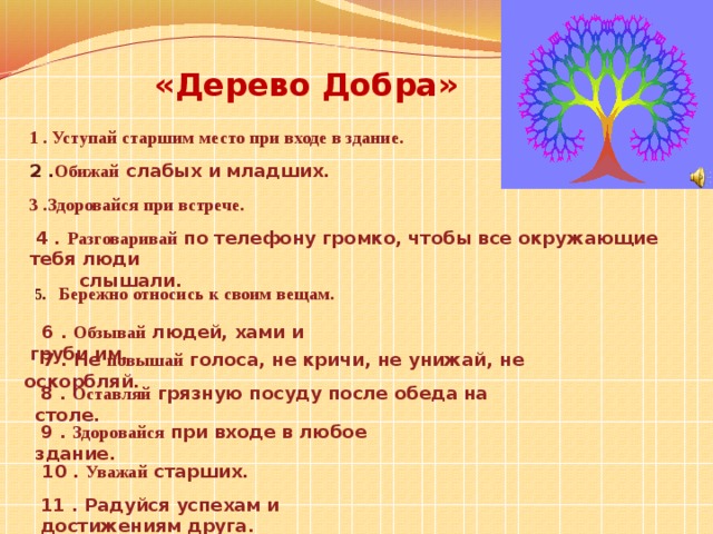 «Дерево Добра» 1 . Уступай старшим место при входе в здание. 2 . Обижай слабых и младших. 3 .Здоровайся при встрече.  4 . Разговаривай по телефону громко, чтобы все окружающие тебя люди  слышали. - 5. . Бережно относись к своим вещам.  6 . Обзывай людей, хами и груби им.  7 . Не повышай голоса, не кричи, не унижай, не оскорбляй.  8 . Оставляй грязную посуду после обеда на столе.  9 . Здоровайся при входе в любое здание.  10 . Уважай старших. 11 . Радуйся успехам и достижениям друга.  