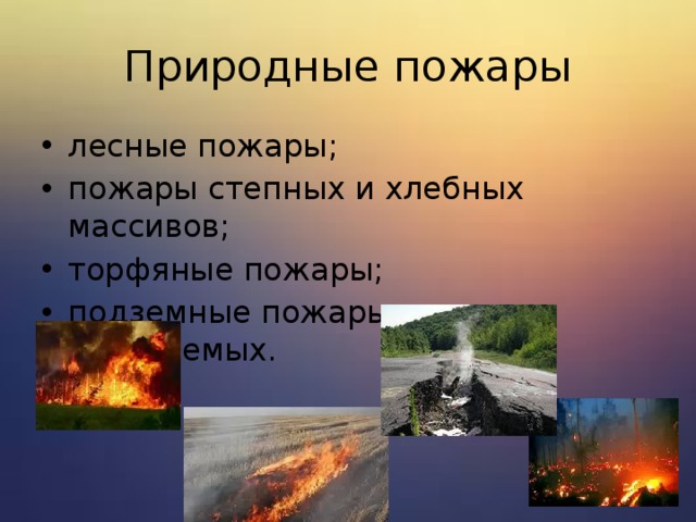 Природные пожары лесные пожары; пожары степных и хлебных массивов; торфяные пожары; подземные пожары горючих ископаемых. 